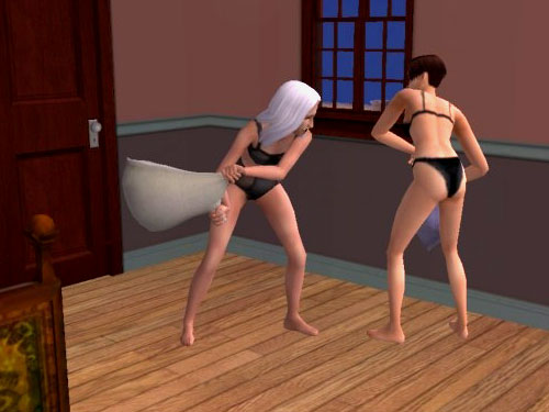 Arcadia and Melissa pillowfighting in their undies