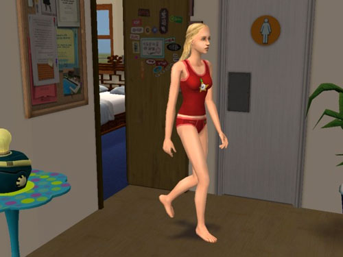 Carla alone in her undies, coming out of Castor's (former) room