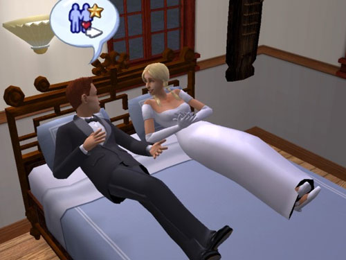The newlyweds cuddling in bed