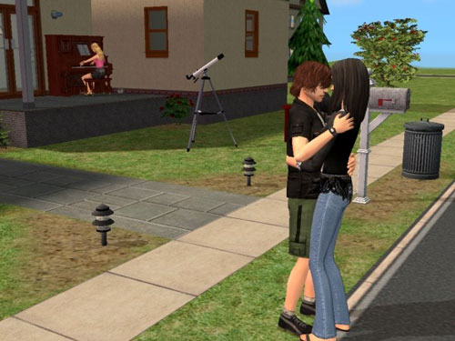 Castor and Allegra embrace on the sidewalk; Carla on piano in the background
