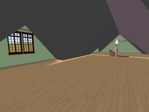 A tiny Christy standing at the far end of a big empty attic space