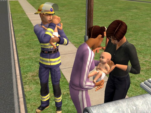 At the bus stop, Melissa hands a baby to Christy.