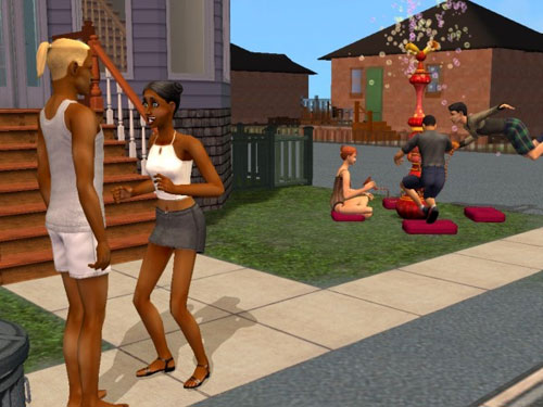 Partying on the front lawn in their undies