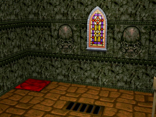 A Sims 2 interior with Doom textures on the walls and floor