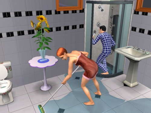 Domesticity in the bathroom (Kennedy fixes the shower while Eleanor mops)