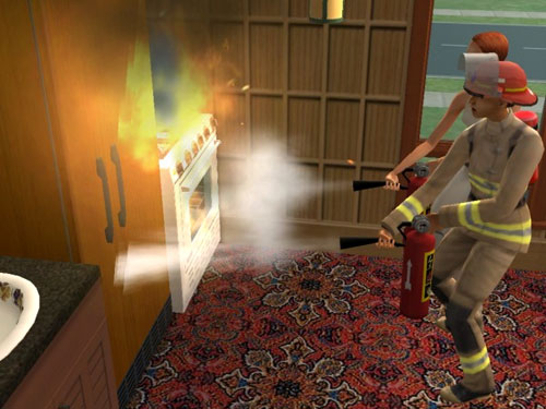 Eleanor helps the firefighter put out the stove