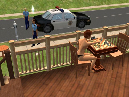 A topless Eleanor Raptor playing chess out on the deck, with Mitch and Christie in police uniforms getting out of a squad-car in the street