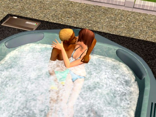 Gabriel and Jen sparking in the hot tub