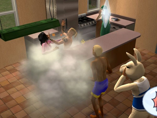 A fight in the dorm; swimsuited Gabriel looks on