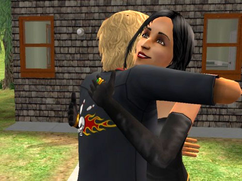 George and Madeleine hugging in front of the hovel