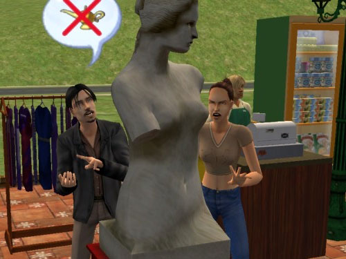 Peran and Brandi despise a statue at the Place, with a blond cashier in the background