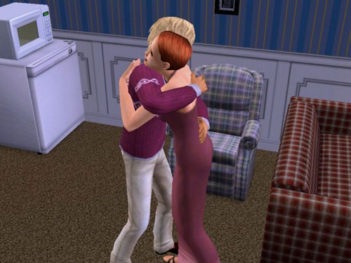 George and Eleanor hug by the fridge