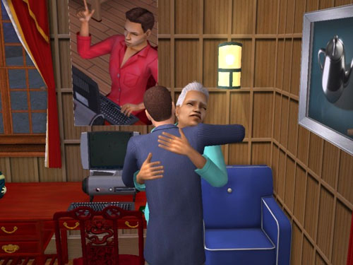 Hermes hugs his Dad, in the study of the ancestral home