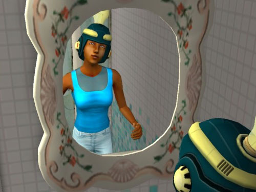 Ivy practicing romance in the bathroom mirror