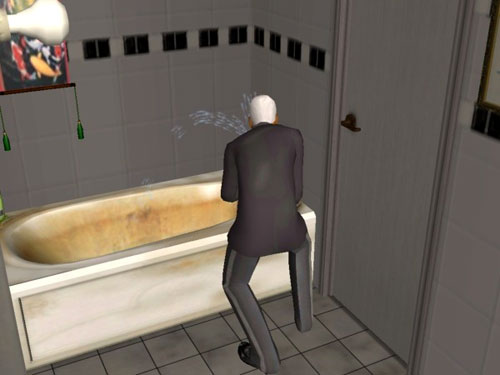 The repairman fixes the tub in his tux