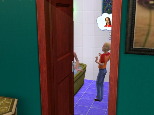 A little boy surprises Jane in the bath