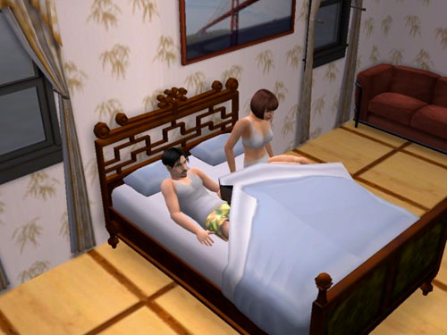 Joan and Peran getting out of bed in their undies