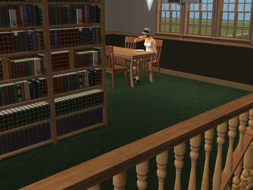 Joan having lunch among the stacks