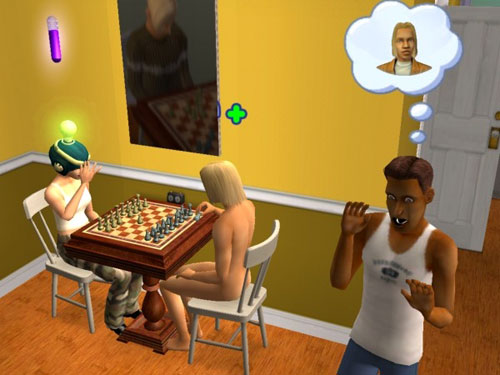 Joan playing chess with a streaker