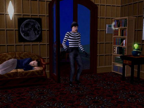 A burglar sneaks in, unaware of Kennedy napping beside the door.