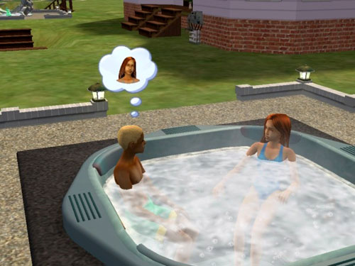 Lucy in the hot tub with teenage Gabriel, who is impressed by her.