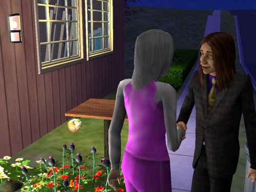 Marisa talks to some stranger in the dusk