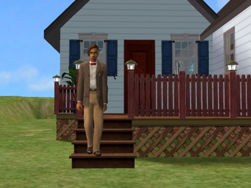 The professor finally walks down the stairs The professor finally walks down the stairs