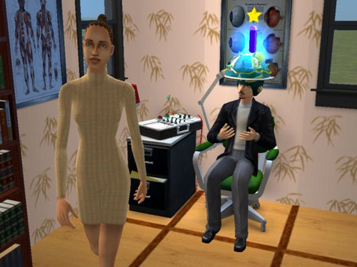 Peran looking at Brandi while maxing his Creativity skill in the lie detector