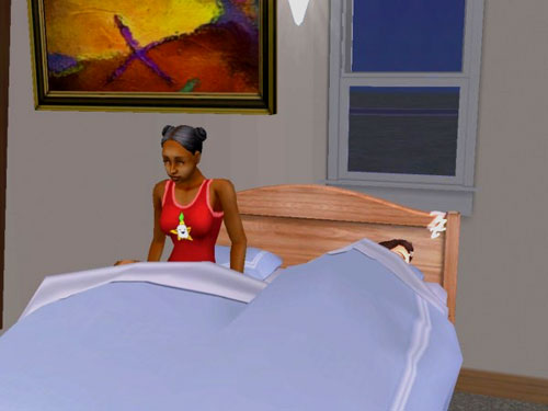 Regina sitting up in the bed that Randy's asleep in