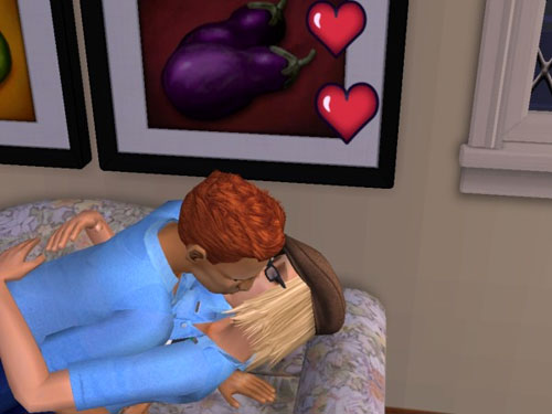Remington leaps upon Tara, producing floating red hearts Remington leaps upon Tara, producing floating red hearts
