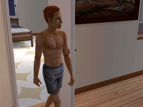 Remington comes out of the bedroom in his boxers, alone
