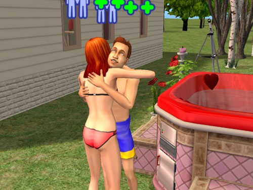 Sally and Mitch exchange a friendly hug by the hot tub