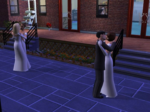 The couples embrace on the landing