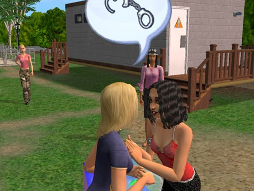 Suzette talking to a dark-haired woman about handcuffs Suzette talking to a dark-haired woman about handcuffs