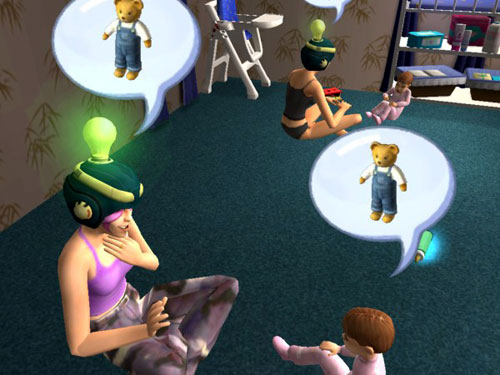 The Moms teach the Twins to talk, wearing Thinking Caps.